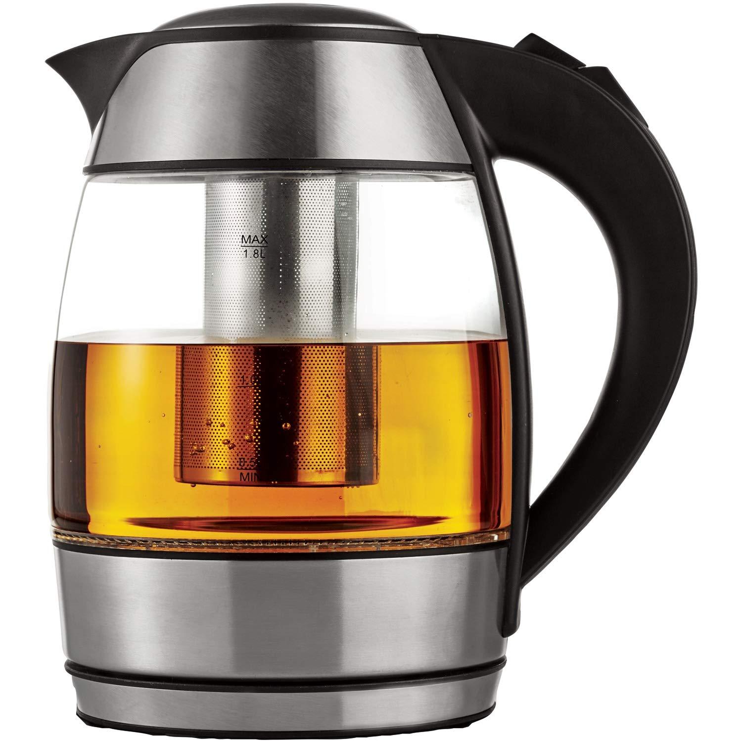 BRENTWOOD® APPLIANCES KT-1960BK 1.8-LITER CORDLESS GLASS ELECTRIC KETTLE WITH TEA INFUSER (SILVER & BLACK)