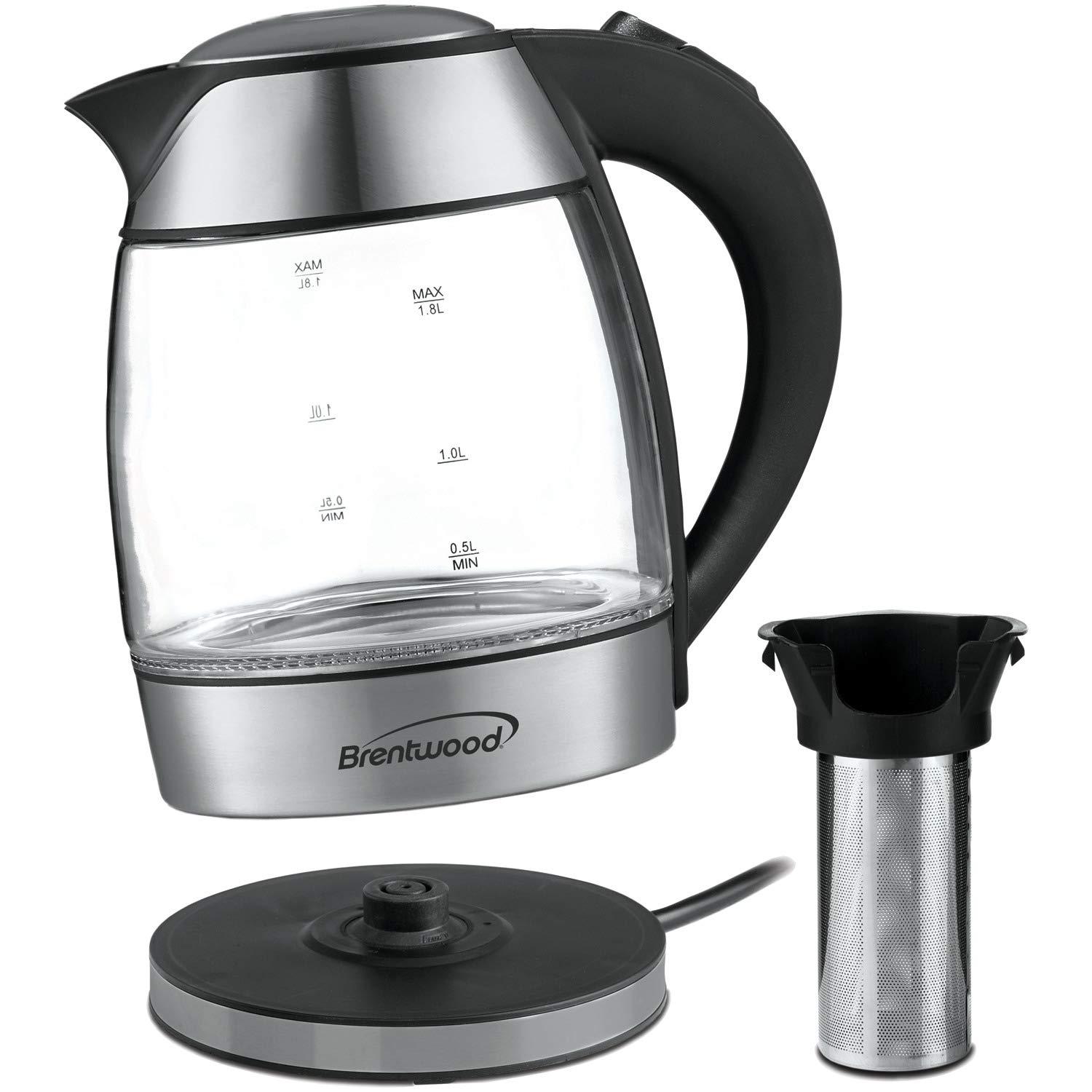 BRENTWOOD® APPLIANCES KT-1960BK 1.8-LITER CORDLESS GLASS ELECTRIC KETTLE WITH TEA INFUSER (SILVER & BLACK)