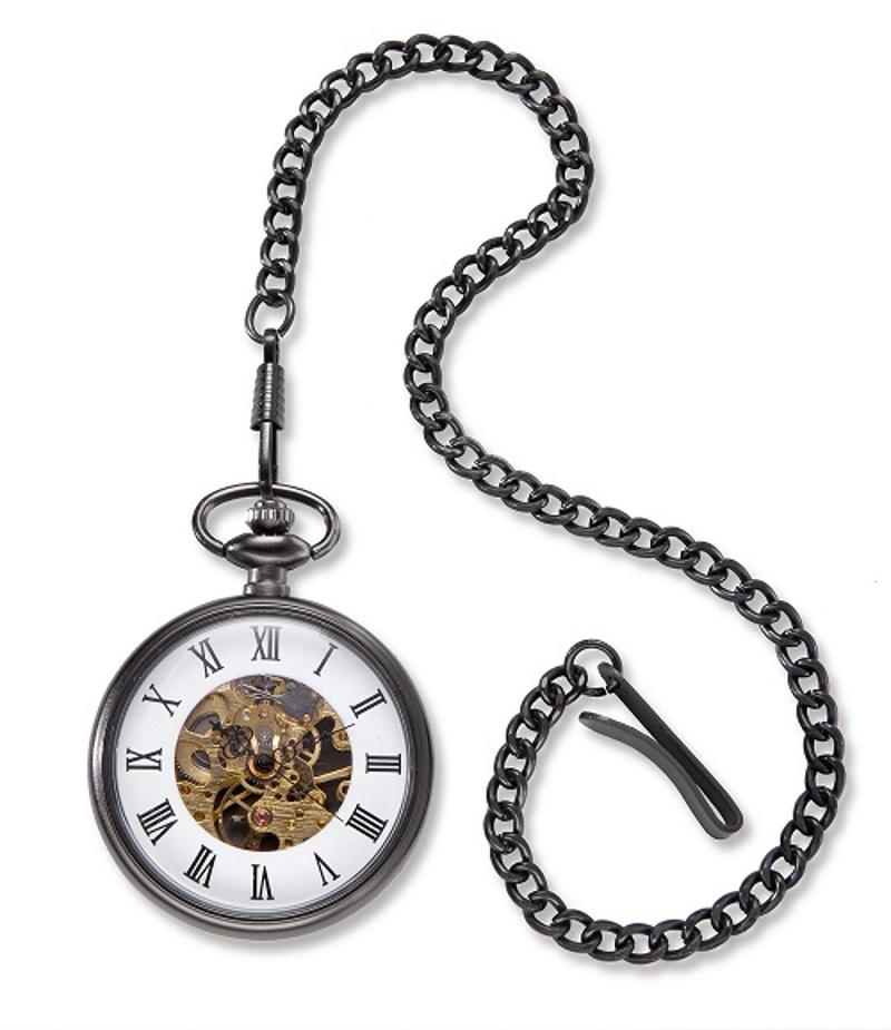 Exposed Gunmetal Pocket Watch & Chain